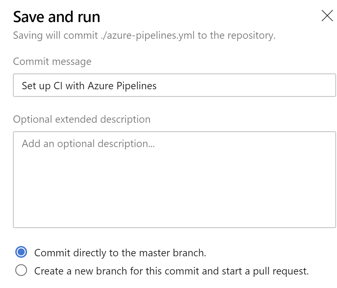 the set up and run screen which allows me to commit the files to the master branch