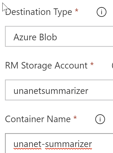information for the storage account to push to