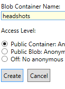 A screenshot of the information to create a container